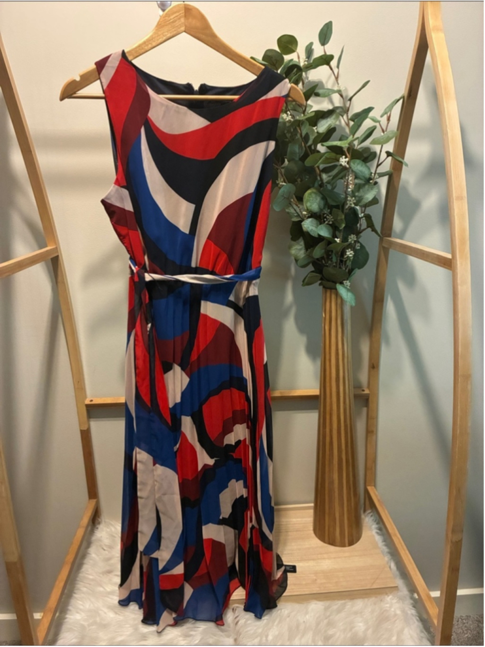 Sleeveless Abstract-Print Maxi Dress in Red, Blue & Black